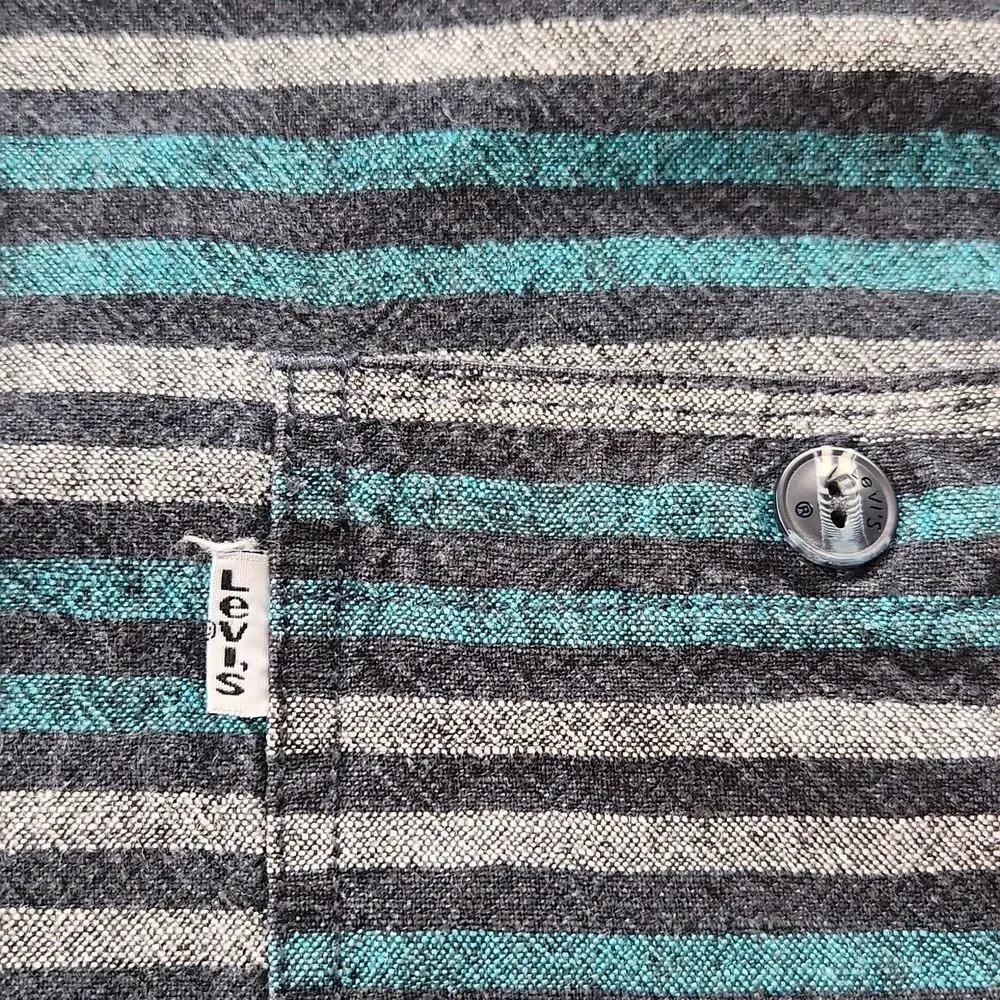 Levis Men's Abbey linen blend striped shirt casual button down teal grey 2XL XXL